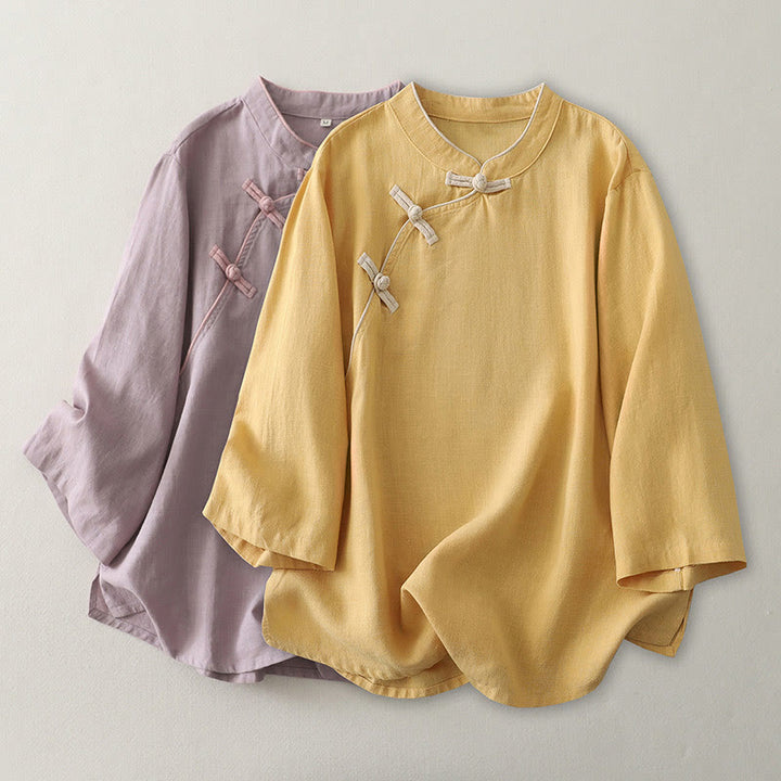Chemise femme en coton et lin à boutons inclinés et Buddha Stones - image 8