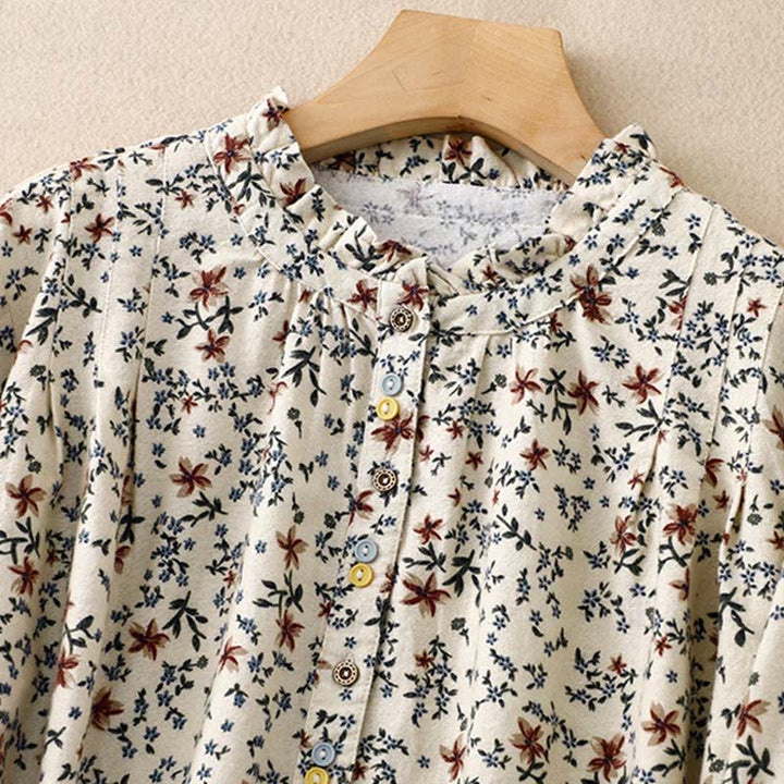 Chemise décontractée à col ras du cou en coton et lin pour femme, motif floral Buddha Stones - image 3