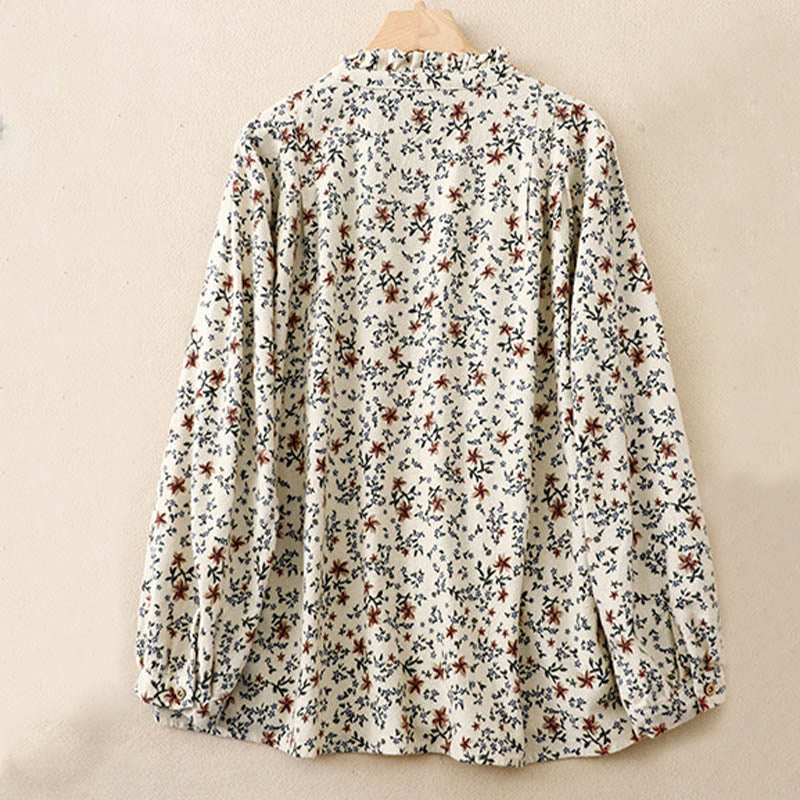 Chemise décontractée à col ras du cou en coton et lin pour femme, motif floral Buddha Stones - image 2