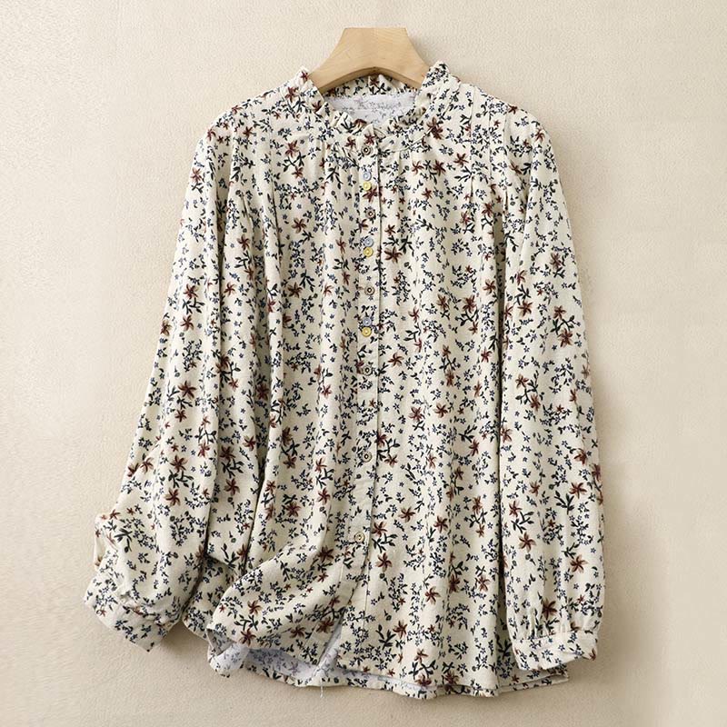 Chemise décontractée à col ras du cou en coton et lin pour femme, motif floral Buddha Stones - Beige - US14，UK/AU18，EU46 (2XL) - image 1