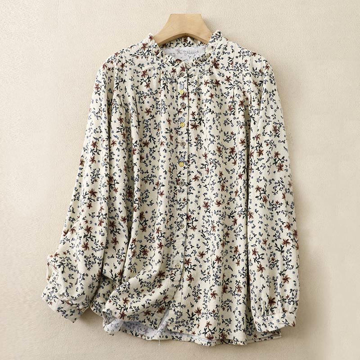 Chemise décontractée à col ras du cou en coton et lin pour femme, motif floral Buddha Stones - Beige - US14，UK/AU18，EU46 (2XL) - image 1