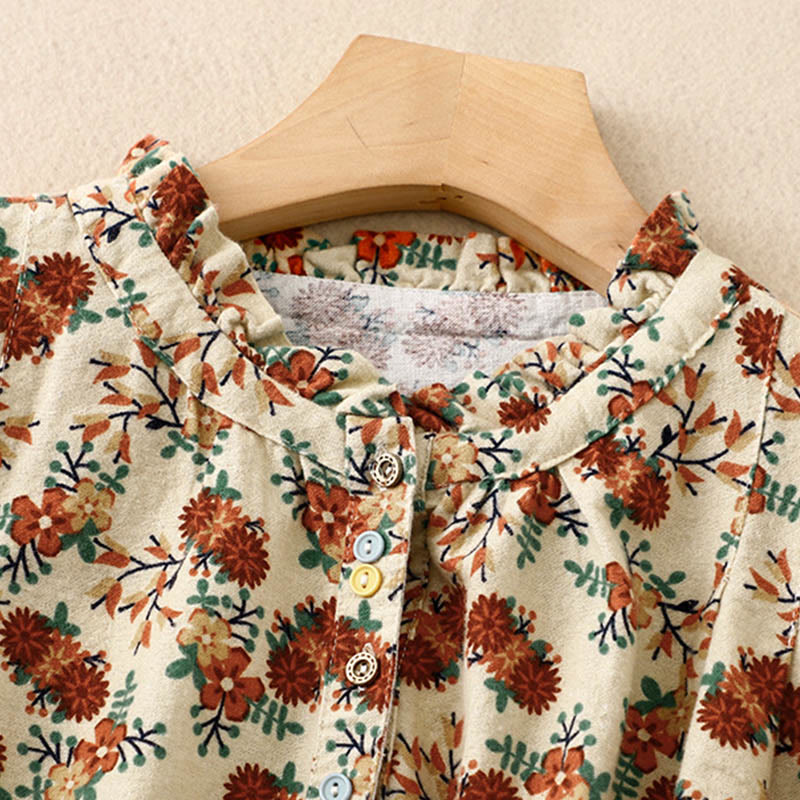 Chemise décontractée à col ras du cou en coton et lin pour femme, motif floral Buddha Stones - image 12