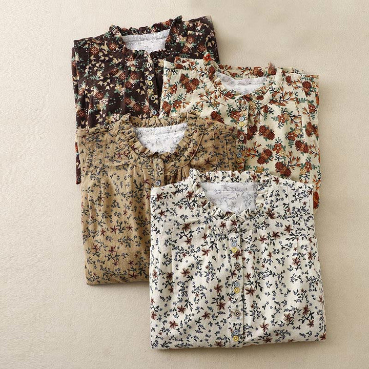 Chemise décontractée à col ras du cou en coton et lin pour femme, motif floral Buddha Stones - image 31