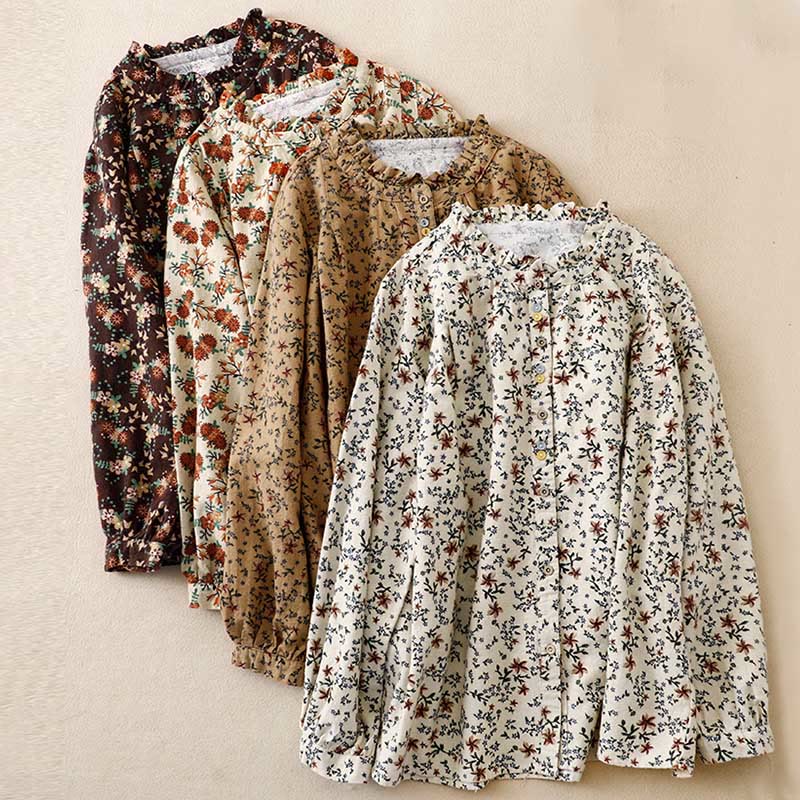 Chemise décontractée à col ras du cou en coton et lin pour femme, motif floral Buddha Stones - image 29