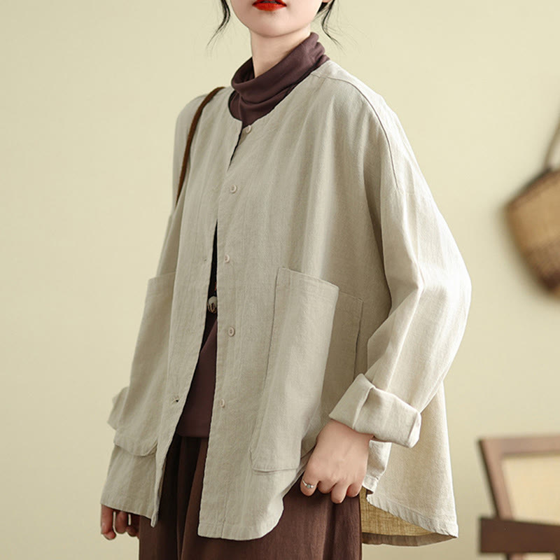 Veste en coton et lin à manches longues pour femme, motif Buddha Stones, avec poches - Beige - US14，UK/AU18，EU46 (2XL) - image 1