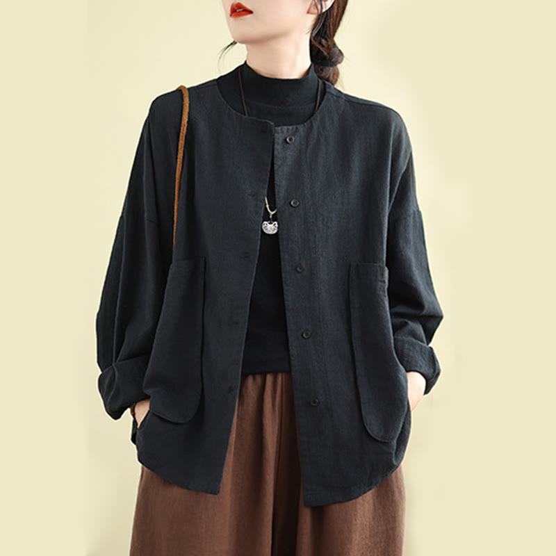 Veste en coton et lin à manches longues pour femme, motif Buddha Stones, avec poches - Noir - US14，UK/AU18，EU46 (2XL) - image 11
