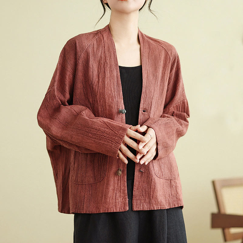 Veste en coton et lin à manches longues et poches pour femme Motif Buddha Stones - Rouge indien - US14，UK/AU18，EU46 (2XL) - image 8