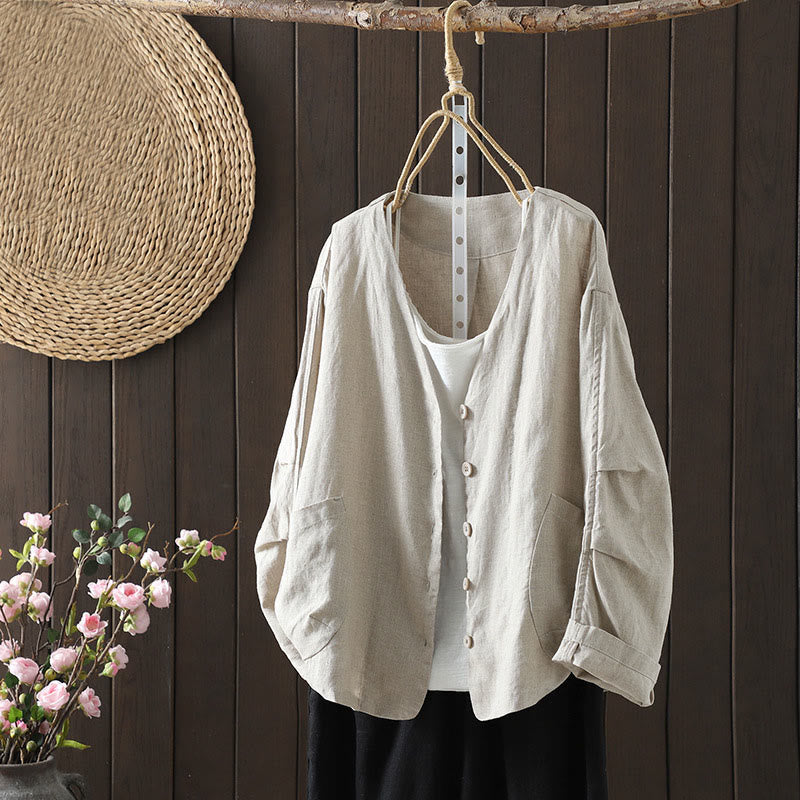 Veste en coton à col en V et poches pour femme, motif Buddha Stones, couleur pure - Beige - US14，UK/AU18，EU46 (2XL) - image 1