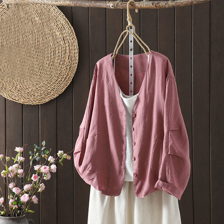 Veste en coton à col en V et poches pour femme, motif Buddha Stones, couleur pure - Violet pâle Rouge - US14，UK/AU18，EU46 (2XL) - image 7