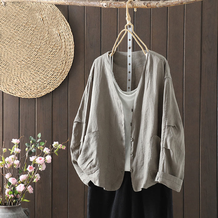 Veste en coton à col en V et poches pour femme, motif Buddha Stones, couleur pure - Gris foncé - US14，UK/AU18，EU46 (2XL) - image 24