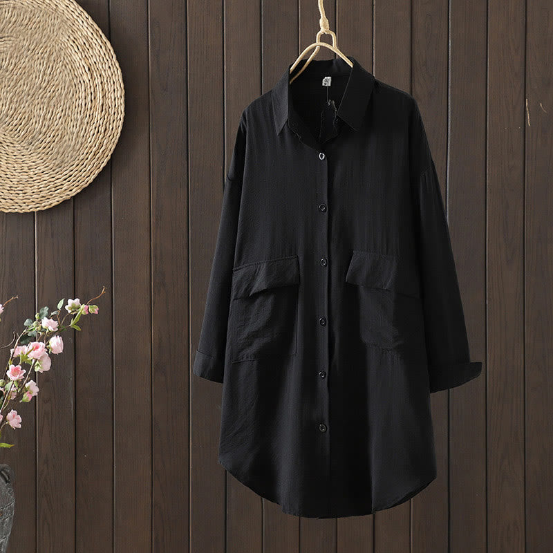 Manteau en coton uni avec poches et boutons Buddha Stones pour femme - Noir - US8-10，UK/AU12-14，EU40-42 (2XL) - image 10