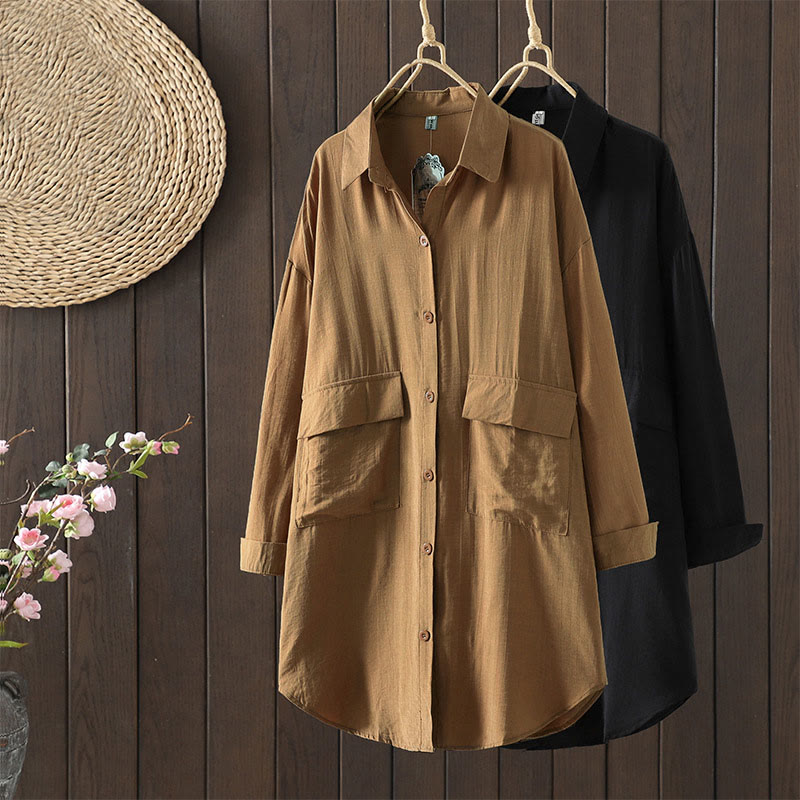 Manteau en coton uni avec poches et boutons Buddha Stones pour femme - image 16