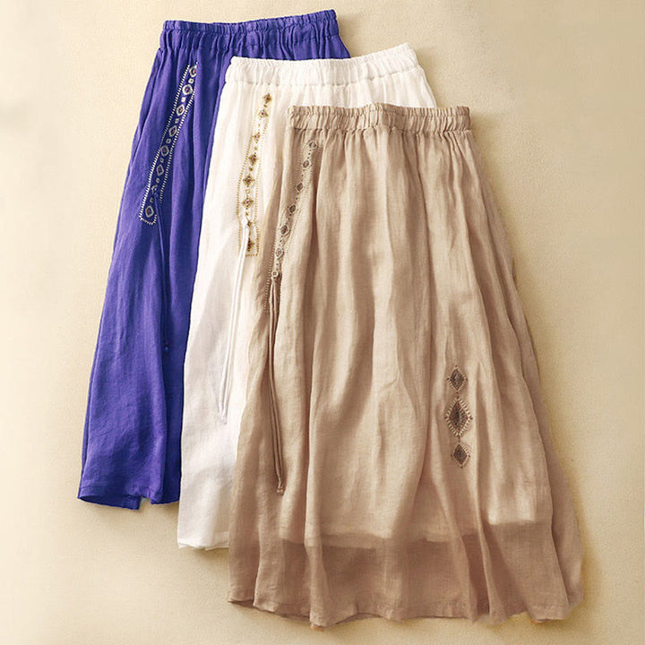 Jupe en coton et lin pour femme, motif Buddha Stones vintage avec broderies et boutons, longueur 7-8 - image 18