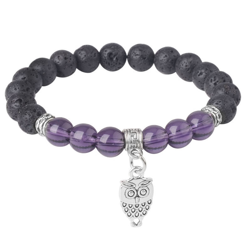 Bracelet de guérison en perles de cristal de lave noires Buddha Stones à motifs animaux - Motif hibou (tour de poignet : 15-17 cm) - image 18