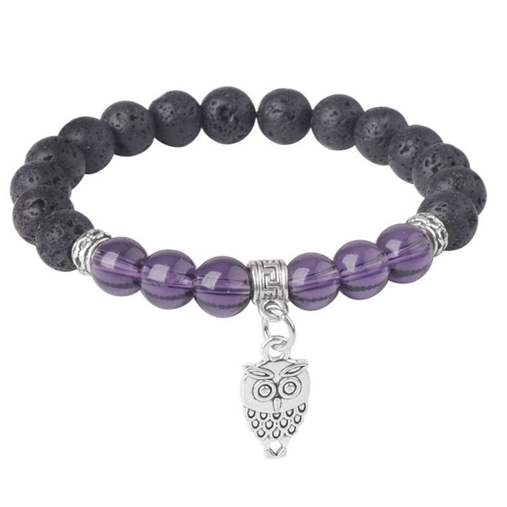 Bracelet de guérison en perles de cristal de lave noires Buddha Stones à motifs animaux - Motif hibou (tour de poignet : 15-17 cm) - image 18