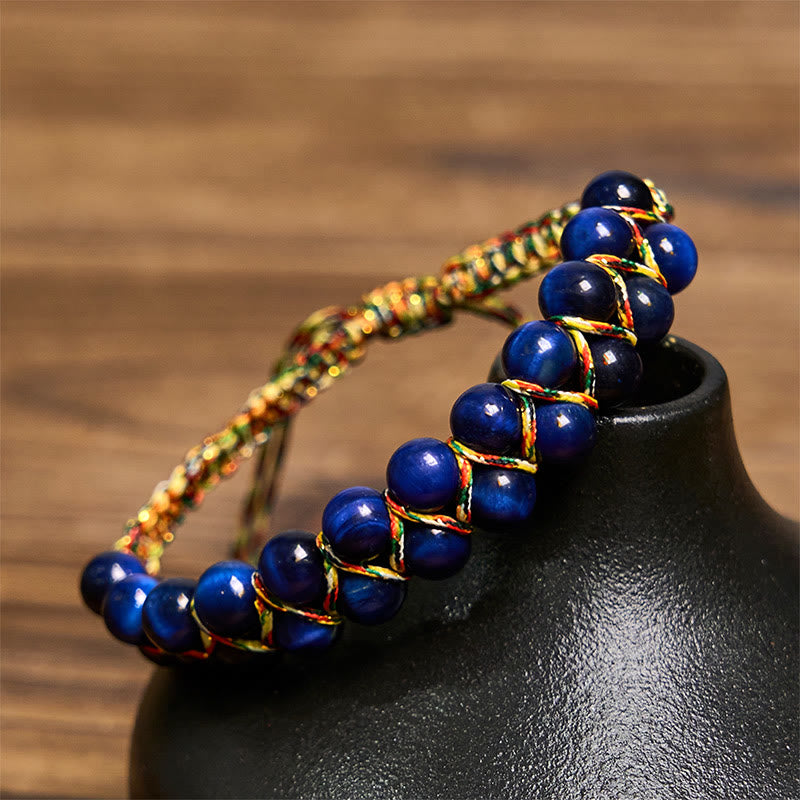 Bracelet d'équilibre en perles double rangée tissées à la main en corde colorée œil de tigre bleu naturel Buddha Stones - Œil de tigre bleu (circonférence du poignet : 14-24 cm) - image 1