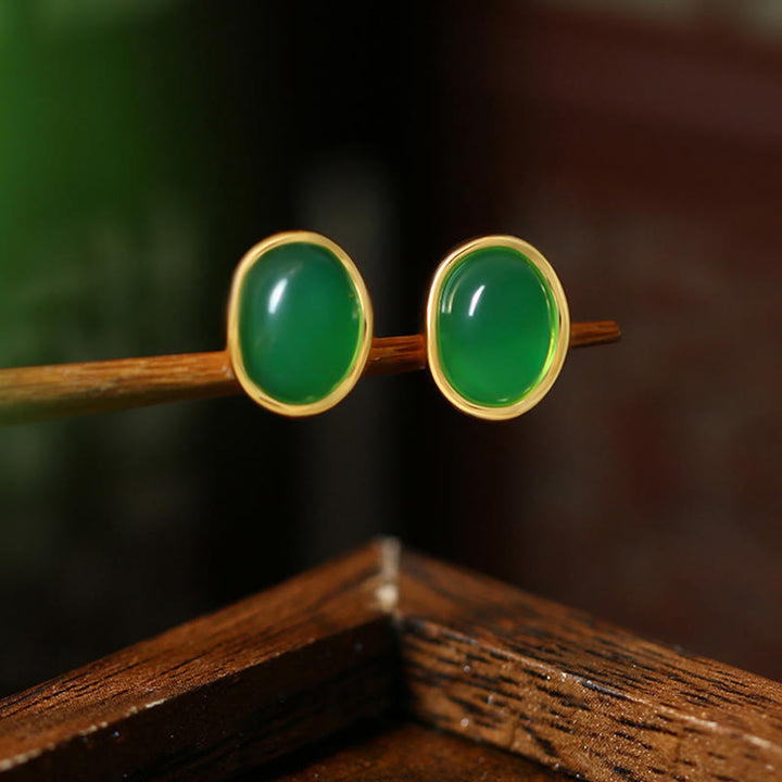 Boucles d'oreilles Buddha Stones en argent sterling 925 et calcédoine verte dorée  - image 1