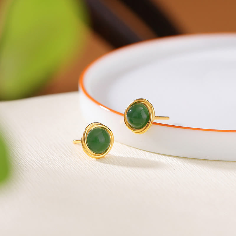 Boucles d'oreilles porte-bonheur en argent sterling 925 avec Buddha Stones , jade, agate et ambre  - Jade (poteaux en argent sterling 925) - image 1