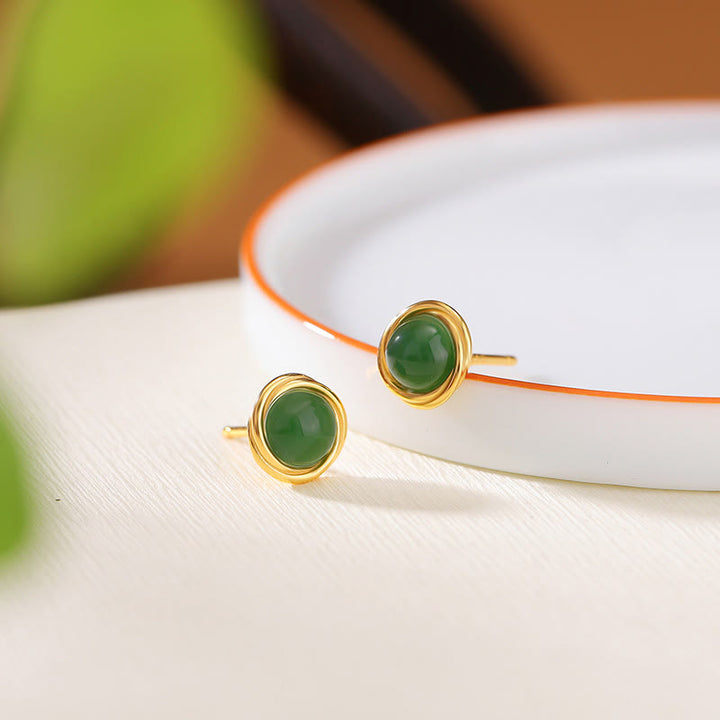 Boucles d'oreilles porte-bonheur en argent sterling 925 avec Buddha Stones , jade, agate et ambre  - Jade (poteaux en argent sterling 925) - image 1