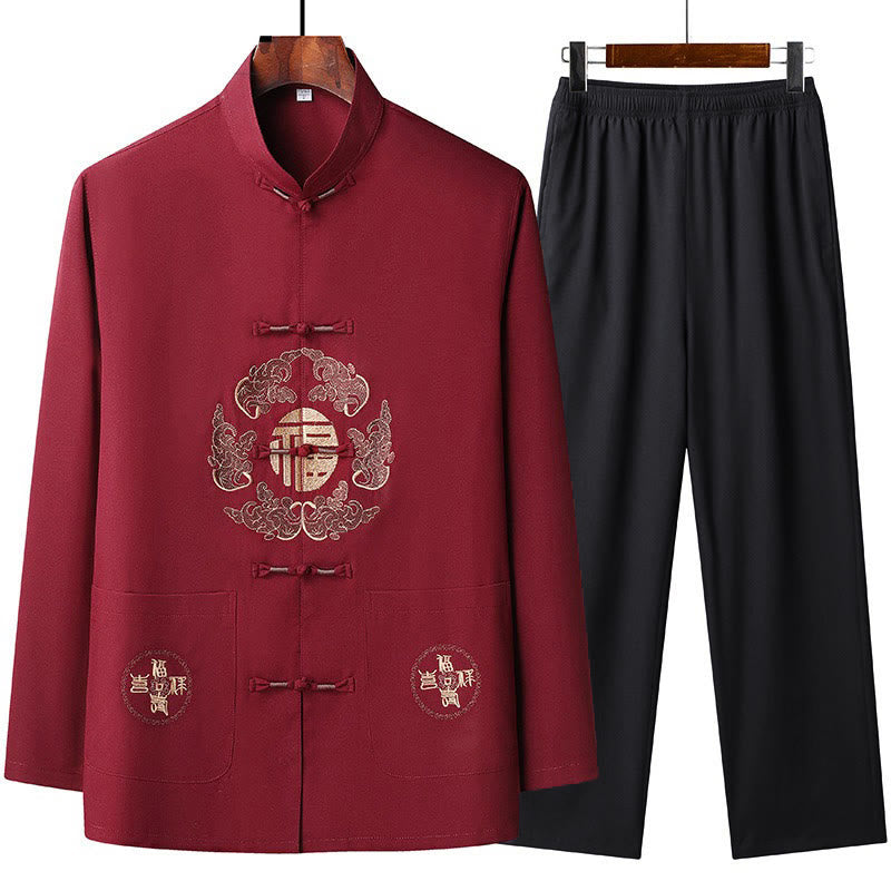 Costume Fu Tang brodé avec Buddha Stones pour le Nouvel An chinois, haut à manches longues et pantalon Hanfu, ensemble pour hommes - Rouge - US/UK/AU44，EU54 (4XL) - image 0