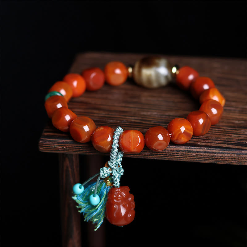 Bracelet porte-bonheur en Buddha Stones d'agate rouge naturelle du Sud Pixiu Dzi - Agate rouge du Sud et PiXiu (tour de poignet : 15-18 cm) - image 1