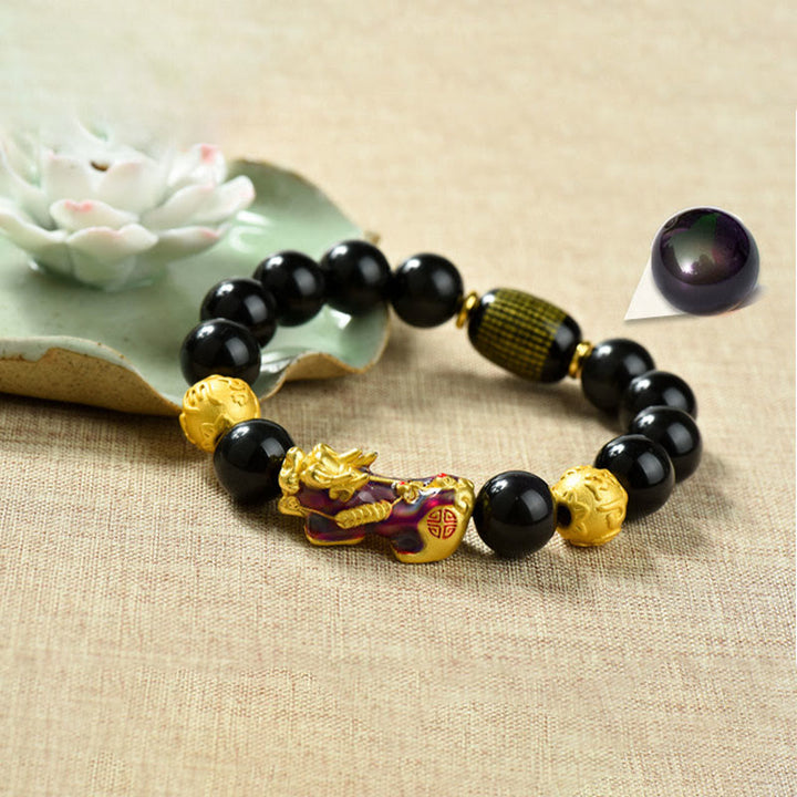 Bracelet de richesse en perles d'obsidienne arc-en-ciel en cuivre et Buddha Stones Fengshui Pixiu - Om Mani Padme Hum et Pixiu changeant de couleur (circonférence du poignet : 18-19 cm) - image 10