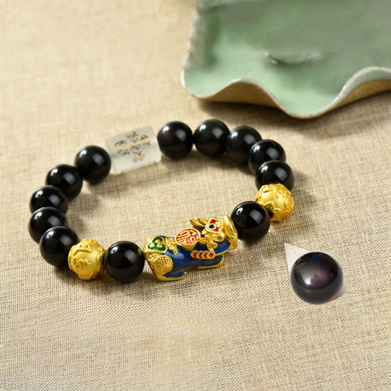 Bracelet de richesse en perles d'obsidienne arc-en-ciel en cuivre et Buddha Stones Fengshui Pixiu - Om Mani Padme Hum & Fu Personnage & Pixiu changeant de couleur (circonférence du poignet : 18-19 cm) - image 1