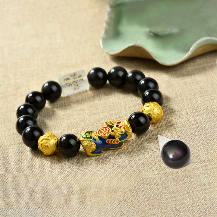 Bracelet de richesse en perles d'obsidienne arc-en-ciel en cuivre et Buddha Stones Fengshui Pixiu - Om Mani Padme Hum & Fu Personnage & Pixiu changeant de couleur (circonférence du poignet : 18-19 cm) - image 1