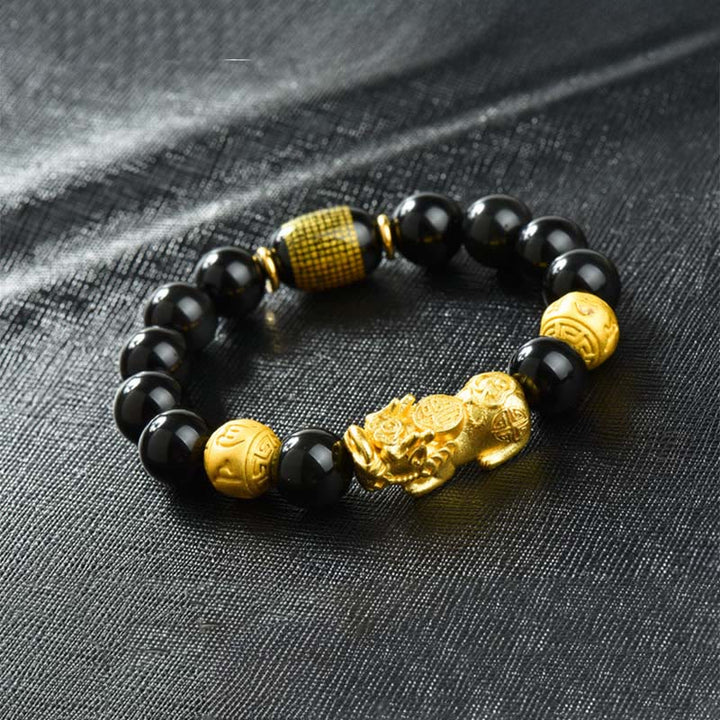 Bracelet de richesse en perles d'obsidienne arc-en-ciel en cuivre et Buddha Stones Fengshui Pixiu - Om Mani Padme Hum & Fu Character & Brass Pixiu (circonférence du poignet : 18-19 cm) - image 26