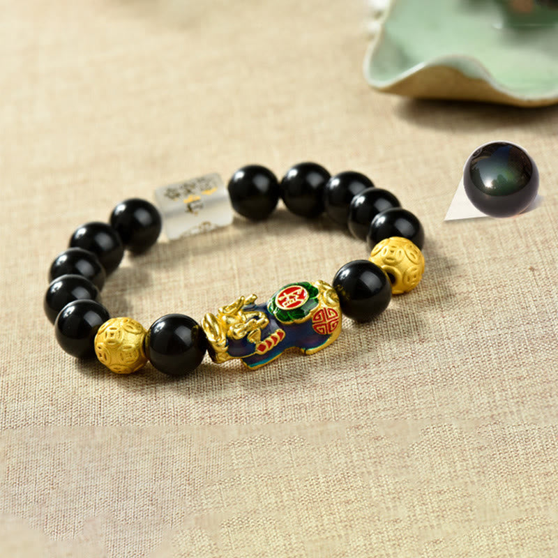 Bracelet de richesse en perles d'obsidienne arc-en-ciel en cuivre et Buddha Stones Fengshui Pixiu - Om Mani Padme Hum & Fortune & Pixiu changeant de couleur (circonférence du poignet : 18-19 cm) - image 14