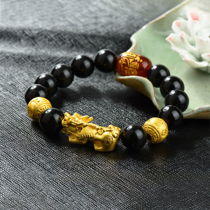 Bracelet de richesse en perles d'obsidienne arc-en-ciel en cuivre et Buddha Stones Fengshui Pixiu - Om Mani Padme Hum et Brass Pixiu (circonférence du poignet : 18-19 cm) - image 23