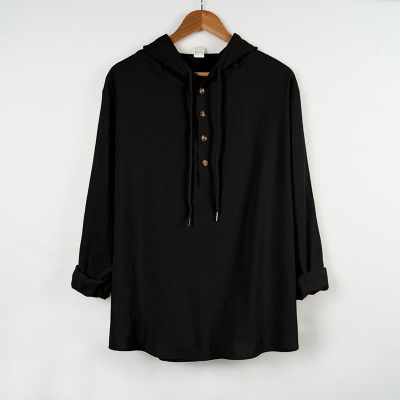 Chemise à capuche et manches longues en coton pour homme, couleur unie, motif Buddha Stones, demi-boutons, automne - Noir - US/UK/AU46，EU56 (3XL) - image 8