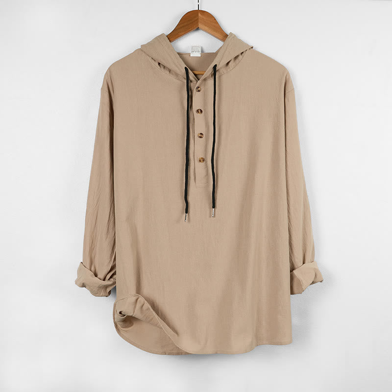 Chemise à capuche et manches longues en coton pour homme, couleur unie, motif Buddha Stones, demi-boutons, automne - image 13