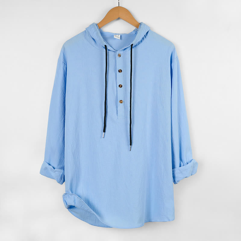Chemise à capuche et manches longues en coton pour homme, couleur unie, motif Buddha Stones, demi-boutons, automne - Bleu ciel clair - US/UK/AU46，EU56 (3XL) - image 0
