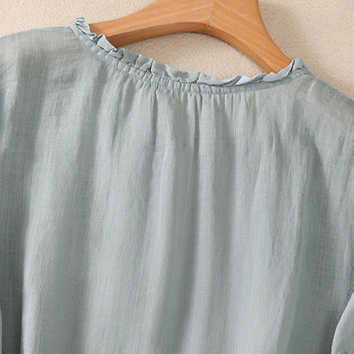 Chemise décontractée en coton et lin pour femme, à manches bouffantes et à boutons, motif floral brodé, motif Buddha Stones - image 3