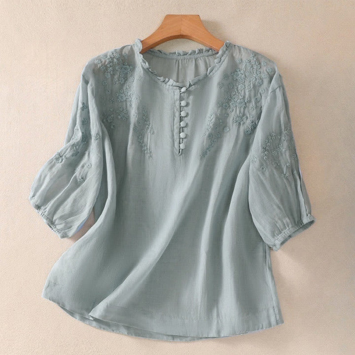 Chemise décontractée en coton et lin pour femme, à manches bouffantes et à boutons, motif floral brodé, motif Buddha Stones - Bleu clair - US8-10，UK/AU12-14，EU40-42 (2XL) - image 1