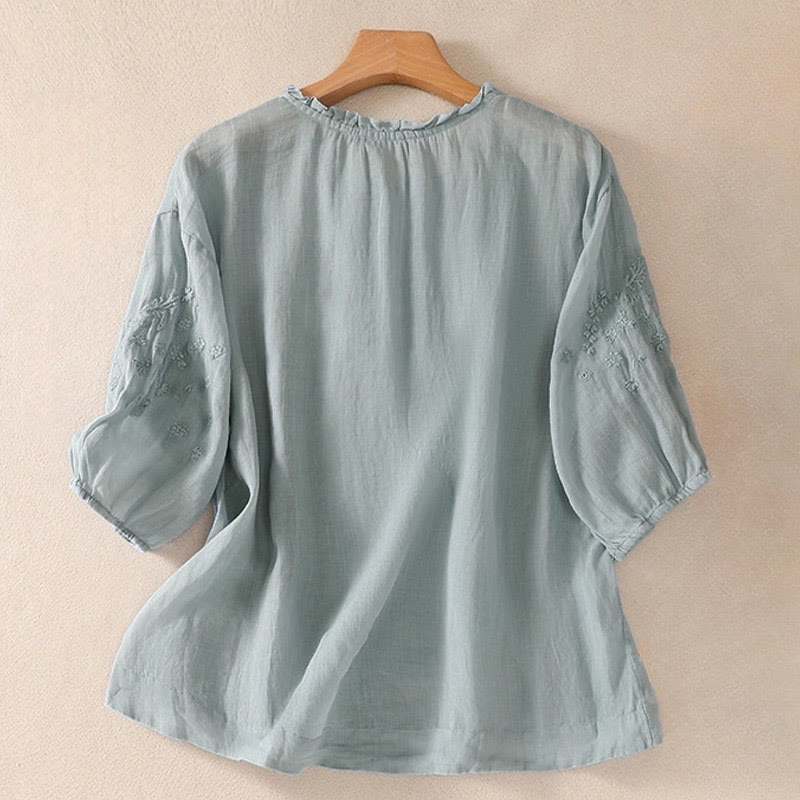 Chemise décontractée en coton et lin pour femme, à manches bouffantes et à boutons, motif floral brodé, motif Buddha Stones - image 2