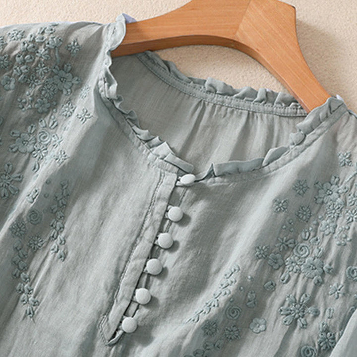 Chemise décontractée en coton et lin pour femme, à manches bouffantes et à boutons, motif floral brodé, motif Buddha Stones - image 4