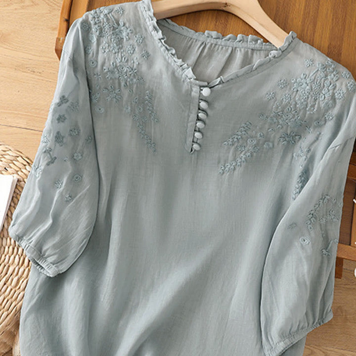 Chemise décontractée en coton et lin pour femme, à manches bouffantes et à boutons, motif floral brodé, motif Buddha Stones - image 5