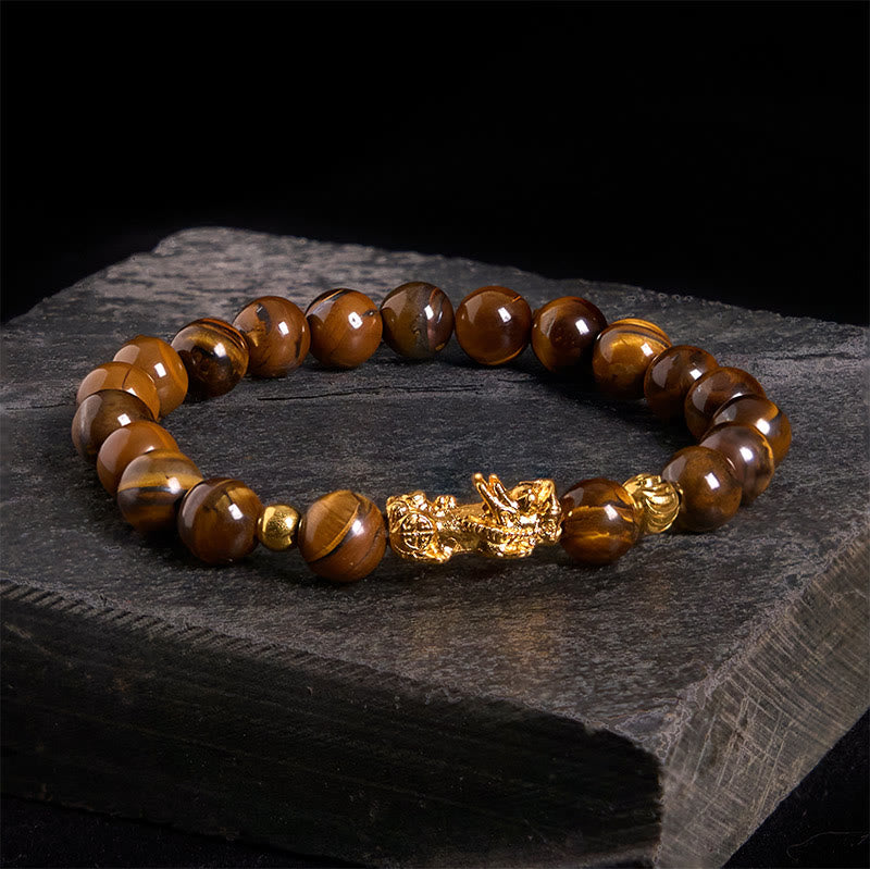 Bracelet Pixiu en perles œil de tigre de différentes couleurs , Buddha Stones, richesse et courage - Œil de tigre jaune (circonférence du poignet : 17-19 cm) - image 1