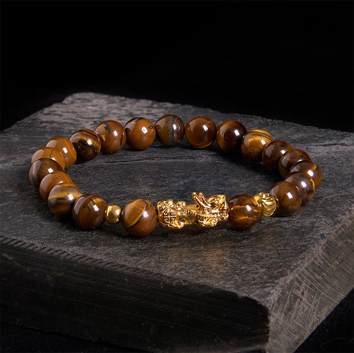 Bracelet Pixiu en perles œil de tigre de différentes couleurs , Buddha Stones, richesse et courage - Œil de tigre jaune (circonférence du poignet : 17-19 cm) - image 1