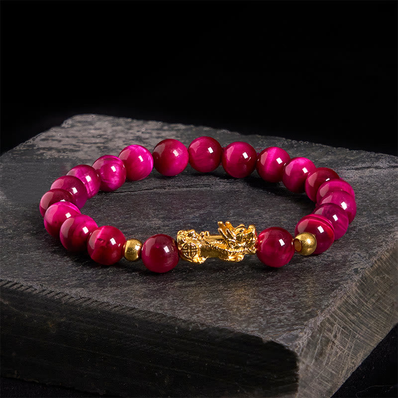 Bracelet Pixiu en perles œil de tigre de différentes couleurs , Buddha Stones, richesse et courage - Œil de tigre rose (tour de poignet : 17-19 cm) - image 12