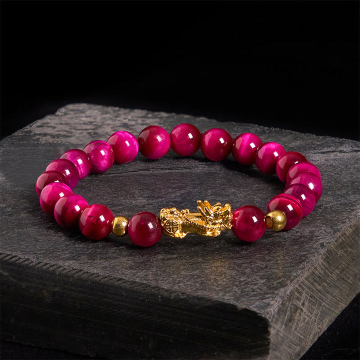 Bracelet Pixiu en perles œil de tigre de différentes couleurs , Buddha Stones, richesse et courage - Œil de tigre rose (tour de poignet : 17-19 cm) - image 12