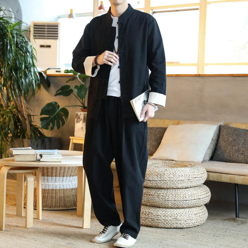 Ensemble 2 pièces de costume Zen Tang pour homme avec chemise à manches longues et pantalon à boutons de Buddha Stones et poches - Noir - US/UK/AU44，EU54 (5XL) - image 15