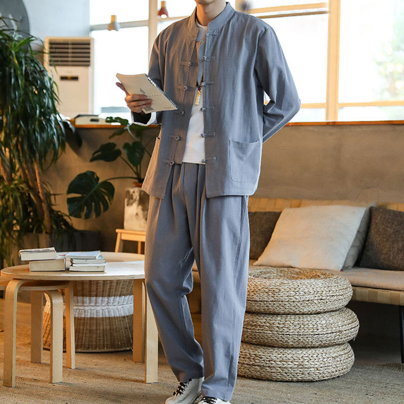 Ensemble 2 pièces de costume Zen Tang pour homme avec chemise à manches longues et pantalon à boutons de Buddha Stones et poches - image 2