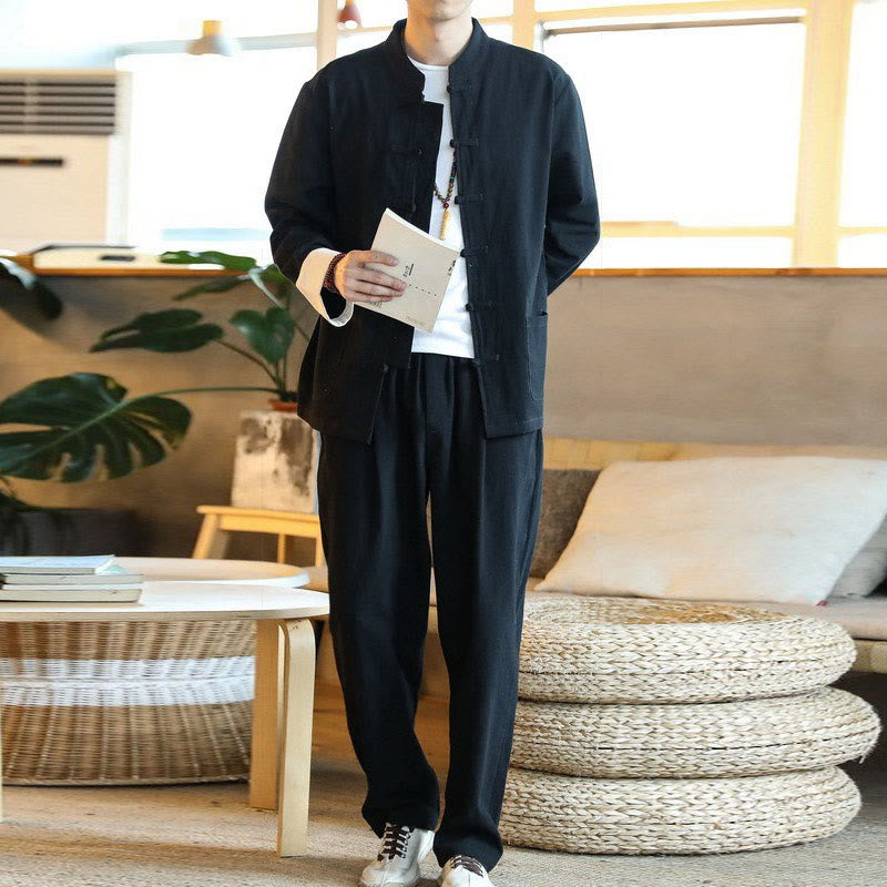 Ensemble 2 pièces de costume Zen Tang pour homme avec chemise à manches longues et pantalon à boutons de Buddha Stones et poches - image 19
