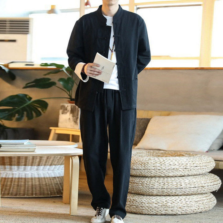 Ensemble 2 pièces de costume Zen Tang pour homme avec chemise à manches longues et pantalon à boutons de Buddha Stones et poches - image 19