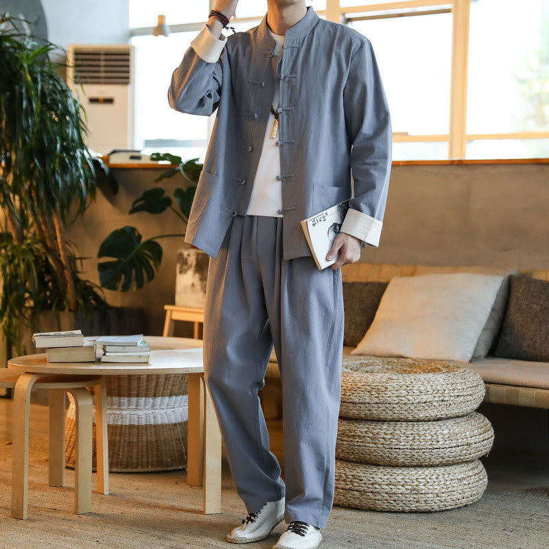 Ensemble 2 pièces de costume Zen Tang pour homme avec chemise à manches longues et pantalon à boutons de Buddha Stones et poches - image 1