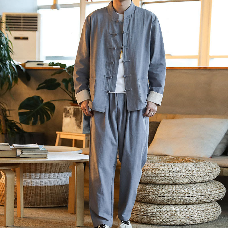 Ensemble 2 pièces de costume Zen Tang pour homme avec chemise à manches longues et pantalon à boutons de Buddha Stones et poches - image 7