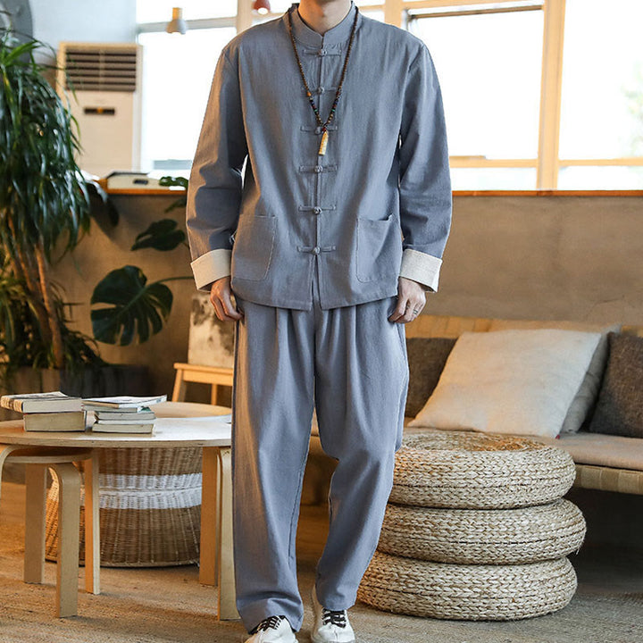 Ensemble 2 pièces de costume Zen Tang pour homme avec chemise à manches longues et pantalon à boutons de Buddha Stones et poches - image 3